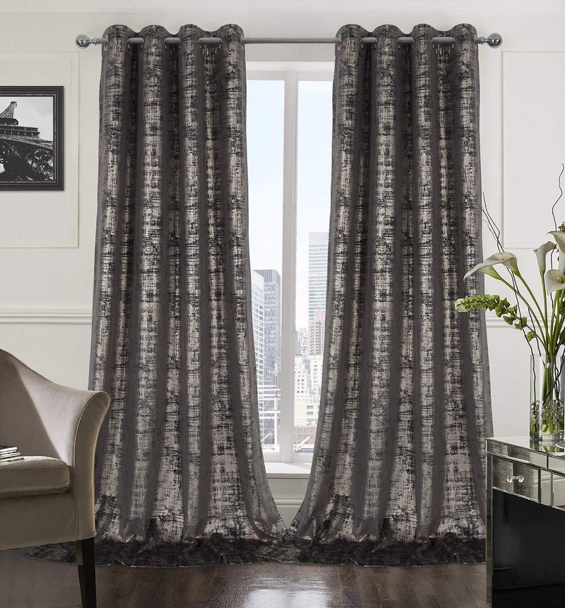 always4u Soft Velvet Curtains 108 Inch Length Long Luxury Bedroom Curtains Gold Foil Print Window Treatments for Living Room Set of 2 Charcoal Grey - Image 1